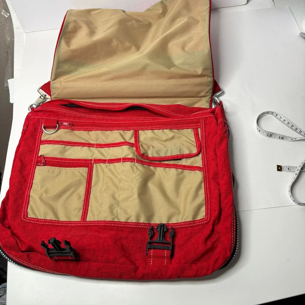 PLANIT Red Nylon Messenger Bag Retro Y2K Multi Pocket Crossbody Techwear